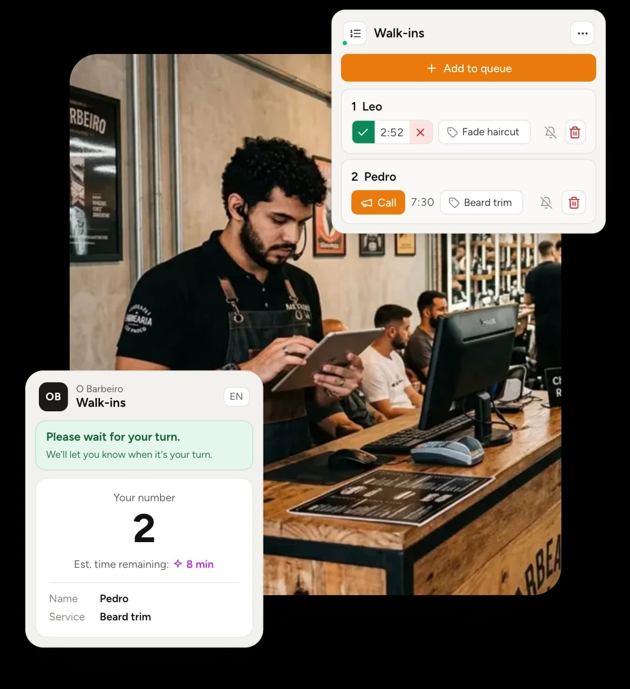 Queue management for barbershops, from your phone or tablet