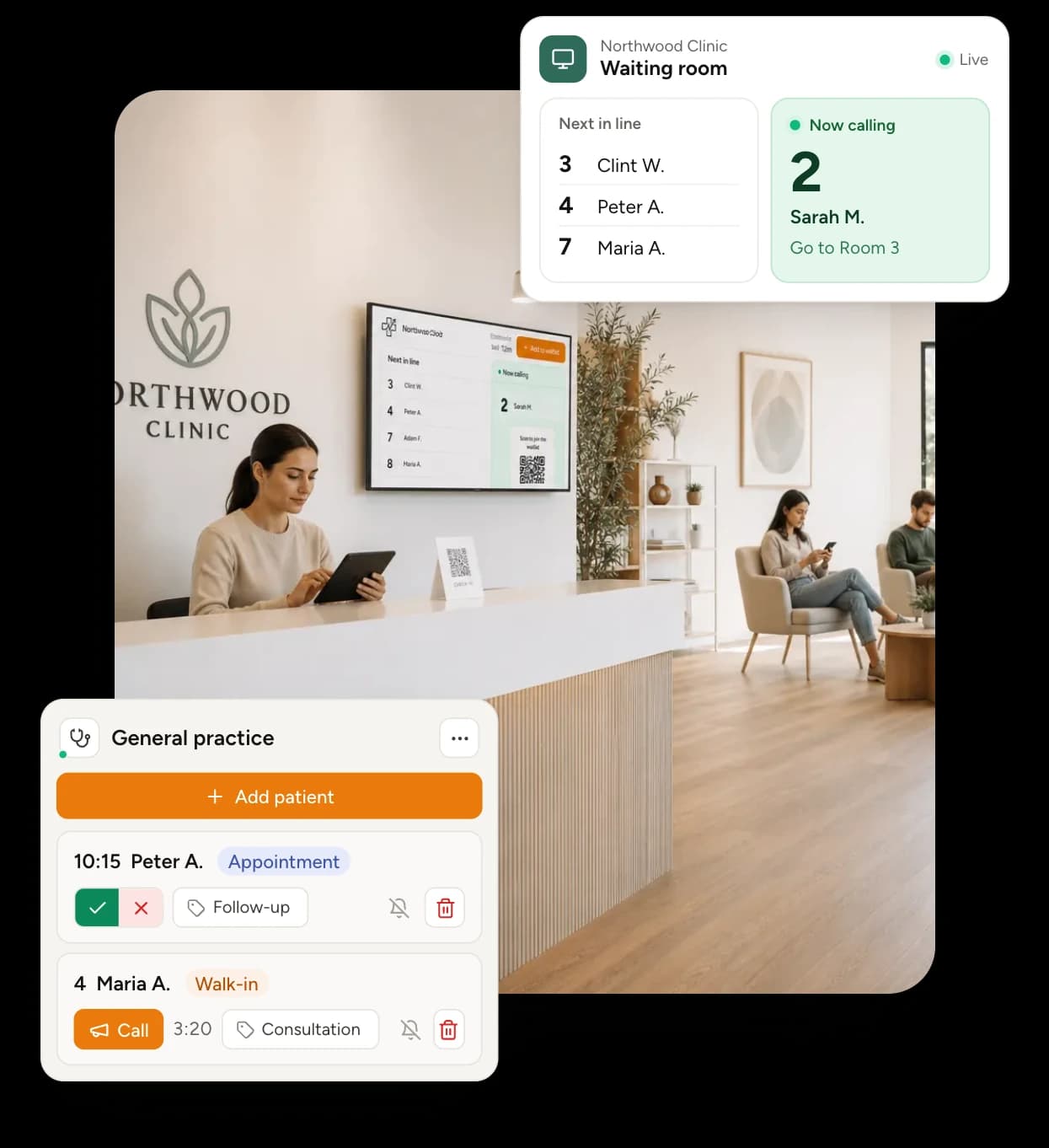 Patient queue management for clinics and medical practices
