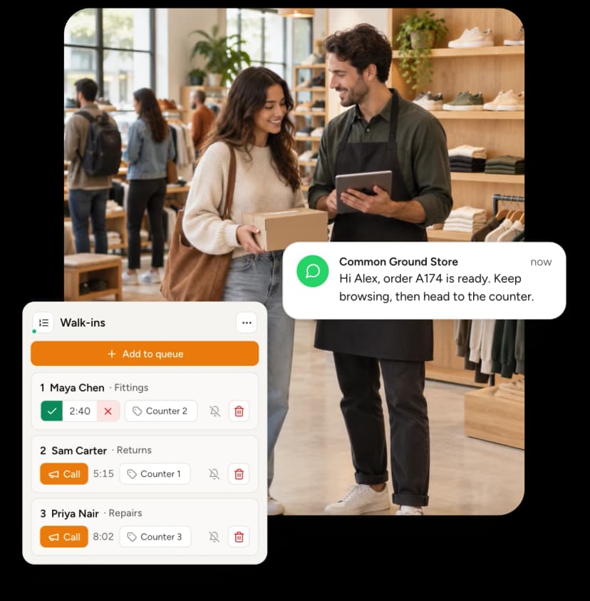 Electronics store queue with a customer's live ticket